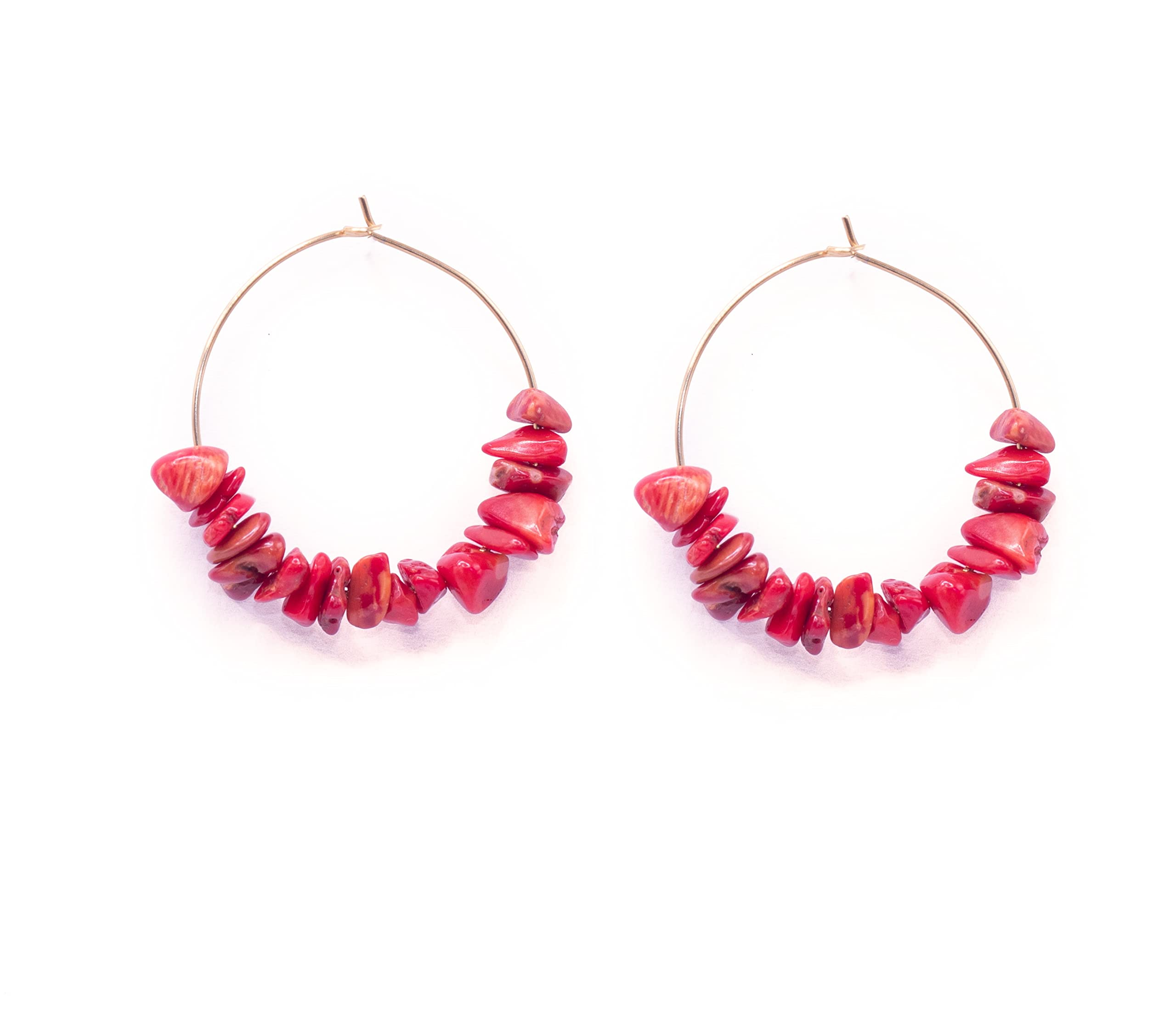 Handmade Pendientes piedra natural y aro acero inoxidable. Pendientes piedra curativa, energética y aros dorados. (Coral (roja))