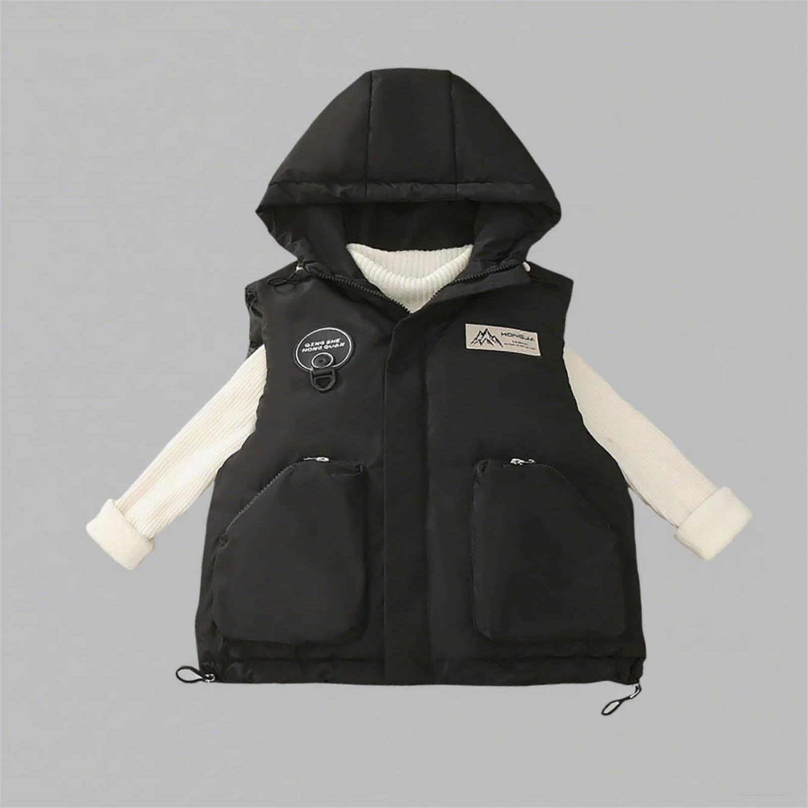 Gilets à capuche sans manches pour garçons et filles - Coupe-vent - Chaud et léger - Fermeture éclair solide - Rembourré - Vestes et manteaux thermiques - Noir - 3-4 ans