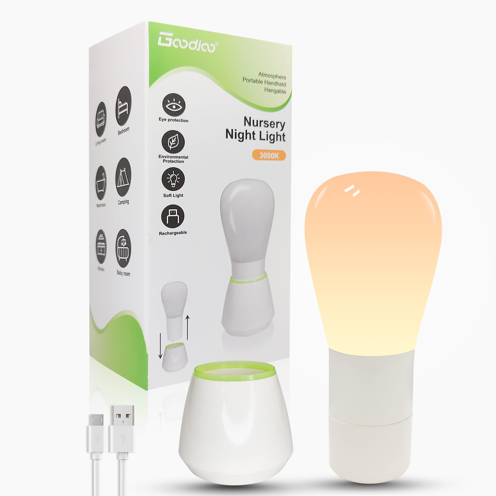 GoodjooNight Light for Nursery and Kids,Baby Night Light with Stable Charging Pad，Rechargeable Battery Operated Light,Eye Protection Night Light Suitable for Breastfeeding,Reading (Warm White)