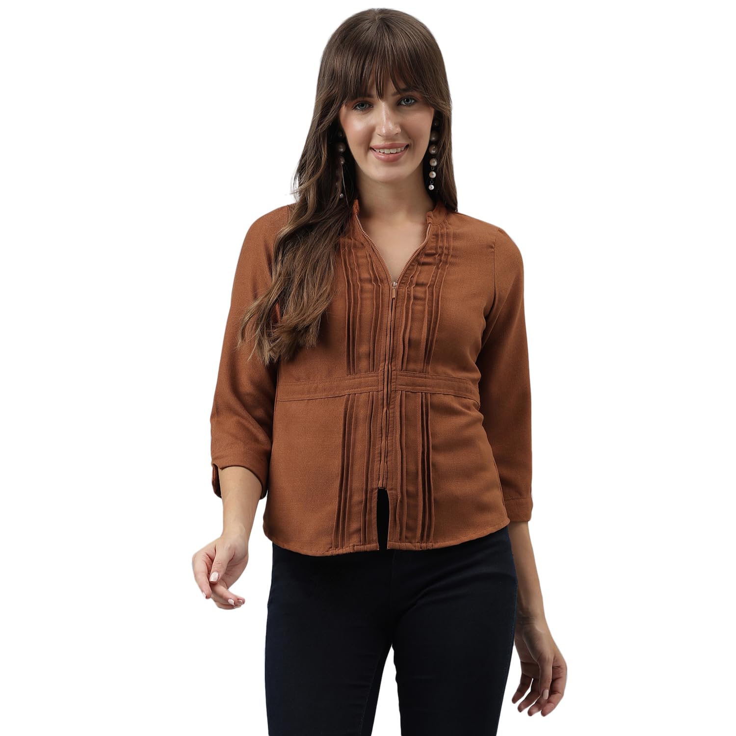latin quarters women brown mandarin collar three-quarter sleeves solid top for casual wear