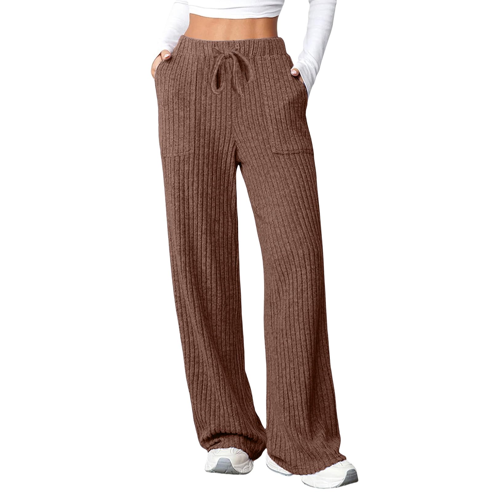 Womens Ribbed Knit Wide Leg Pants Elastic High Waist Palazzo Pants Lounge Joggers Sweatpants Comfy PJ Bottoms