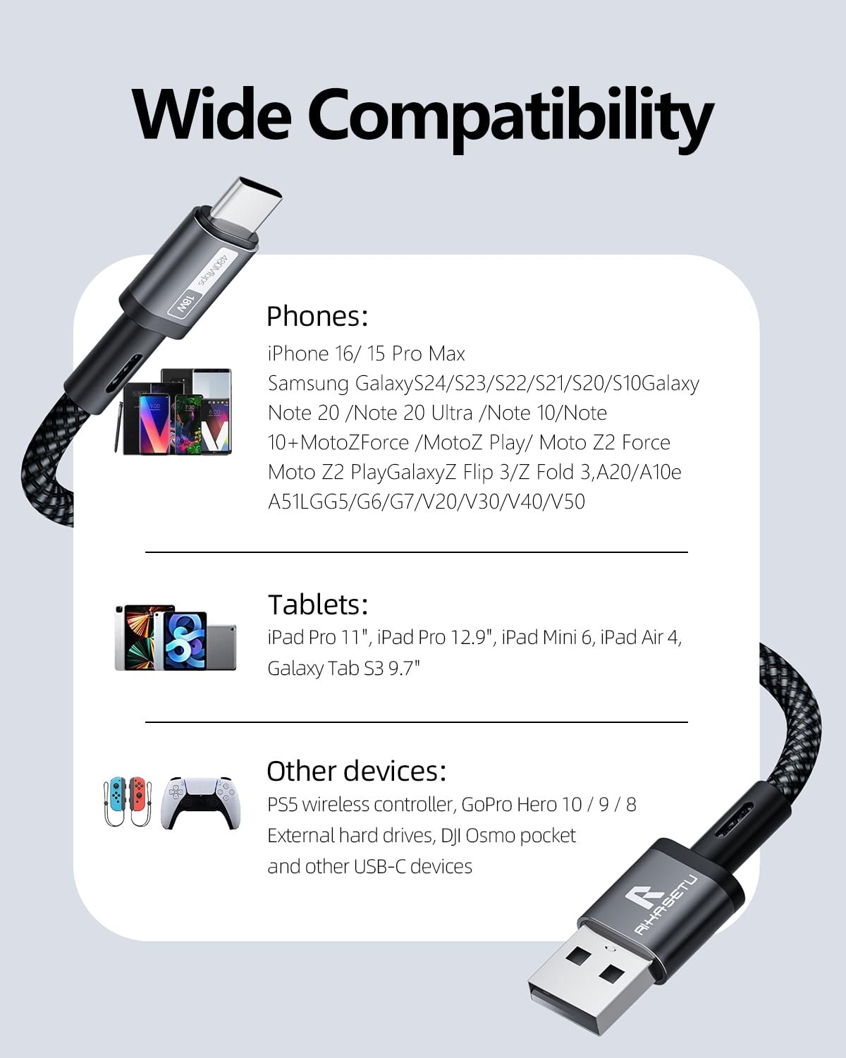 Cavo USB C, confezione da 2 cavi da USB A a USBC, ricarica rapida, in nylon intrecciato di tipo C, cavi USB C compatibili con iPhone serie 16/15, Galaxy S24/S23 e altri dispositivi di tipo C