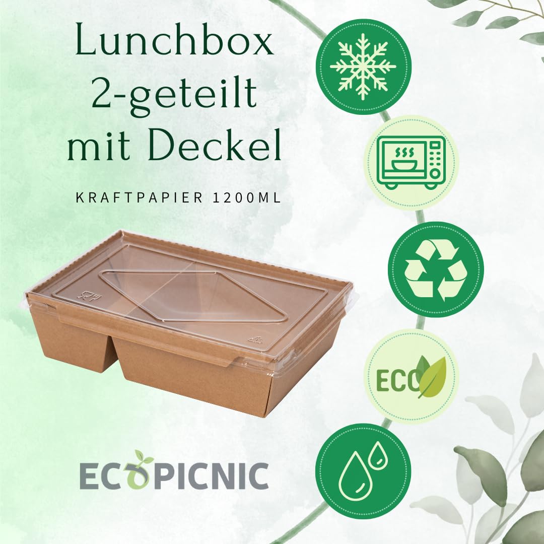 Lanchbox Carta Kraft Coperchio Trasparente 2 Scomparti 1200 ml - Confezione da 50 Pezzi per Alimenti da Asporto