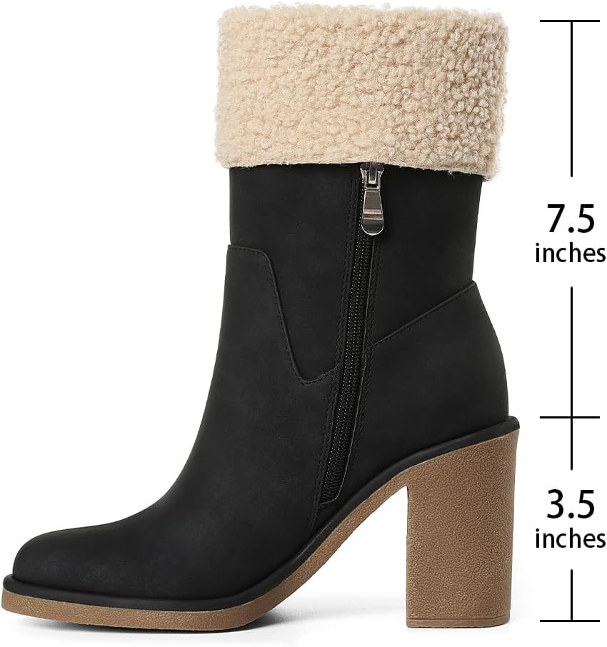 Winter Boots for Women, Comfortable Side Zipper Mid Chunky Heel Suede Warm Fur Snow Ankle Boot Outdoor Party Shoes