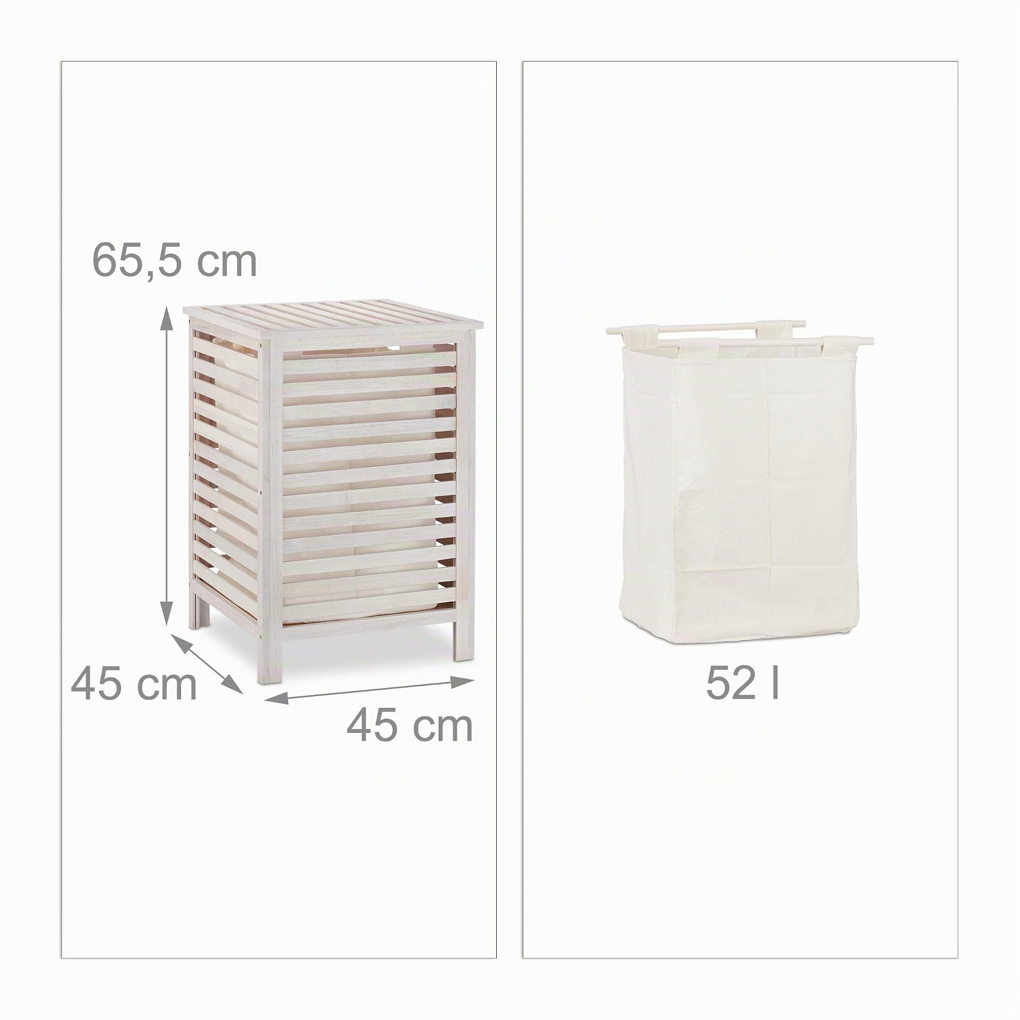 Relaxdays Cesto Ropa Sucia Hecho de Madera de Nogal con Tapa, Cubo Colada con Saco Lavable 52 l, 65,5x45x45 cm, Blanco