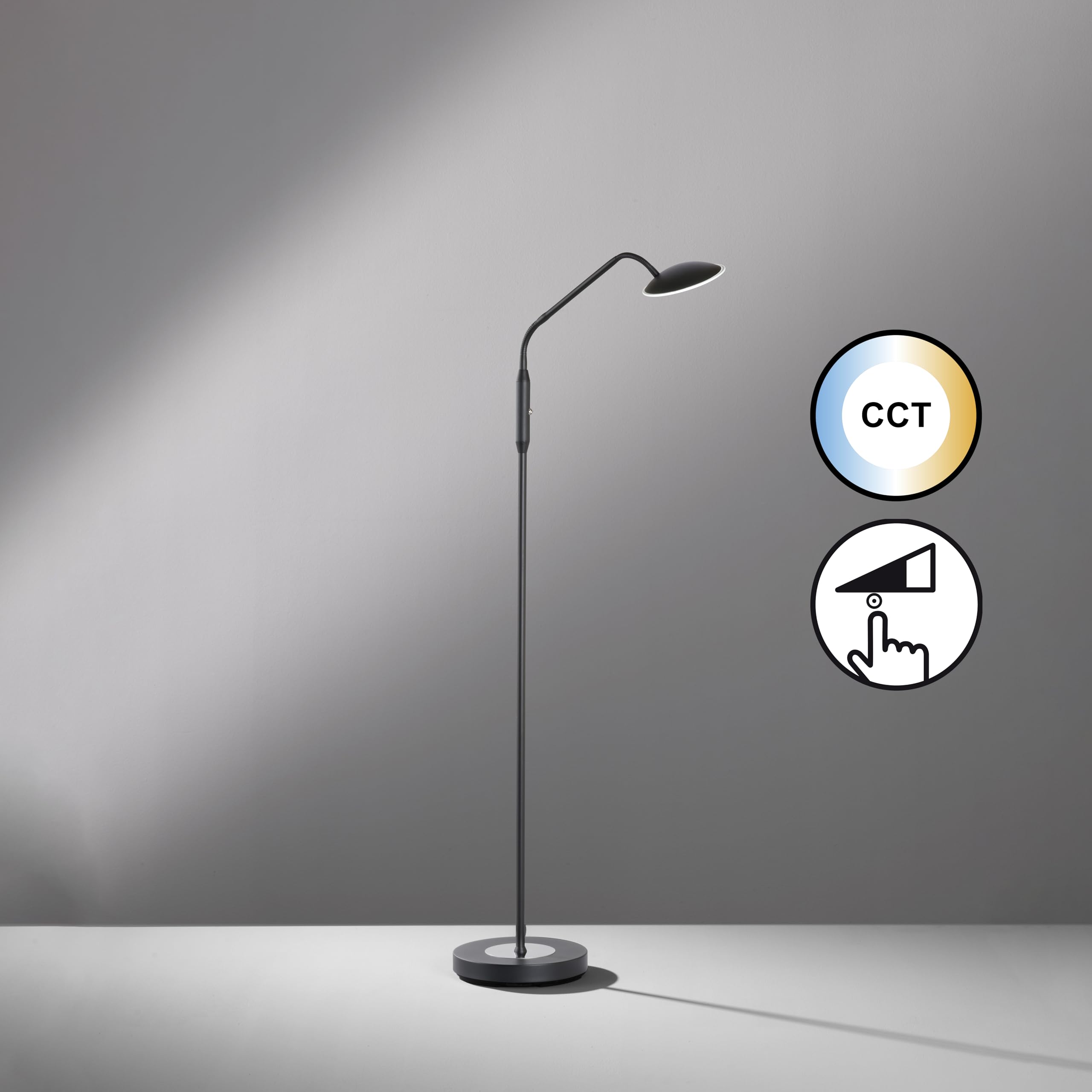 Fischer & Honsel Stehleuchte, Tallri | sandschwarz| H: 135 cm, D: 23 cm, A: 40 cm| mit Taster stufenlos dimmbar| Farbtemperatureinstellung in 3 Stufen| 1x LED 7,5Watt, 880 lm | EEG: F | 40485