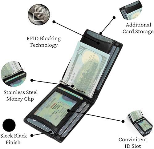 Miniatura 5 de Cartera delgada de piel auténtica con bloqueo RFID, con bolsillo frontal, minimalista para hombre, con clip para dinero y ventana de identificación,