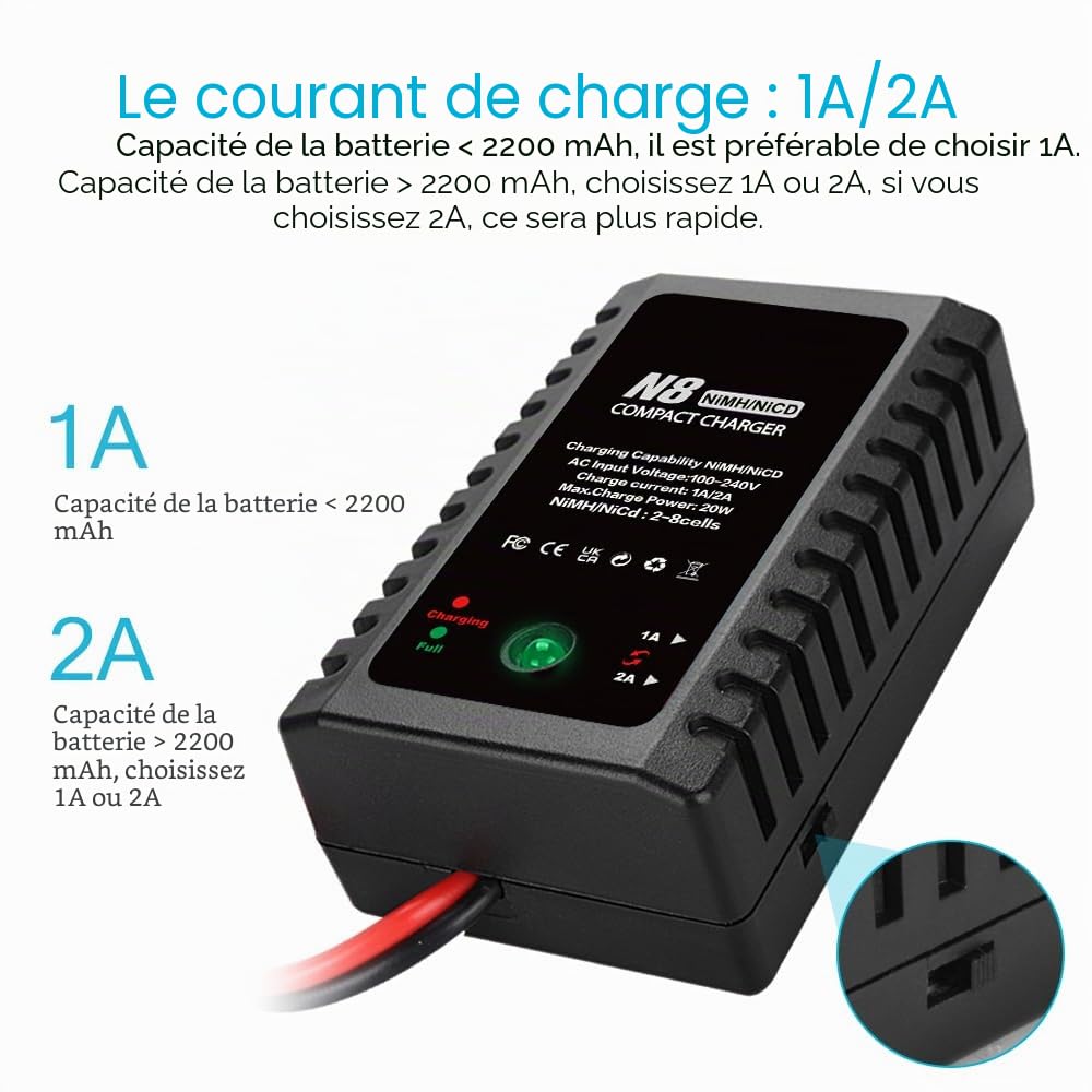 Haisito N8 Chargeur de batterie LiPo, 2-8s Smart NiMH/NiCd avec prise standard/mini 2,4 V/9,6 V, convient pour les voitures radiocommandées Airsoft, bateaux, drones