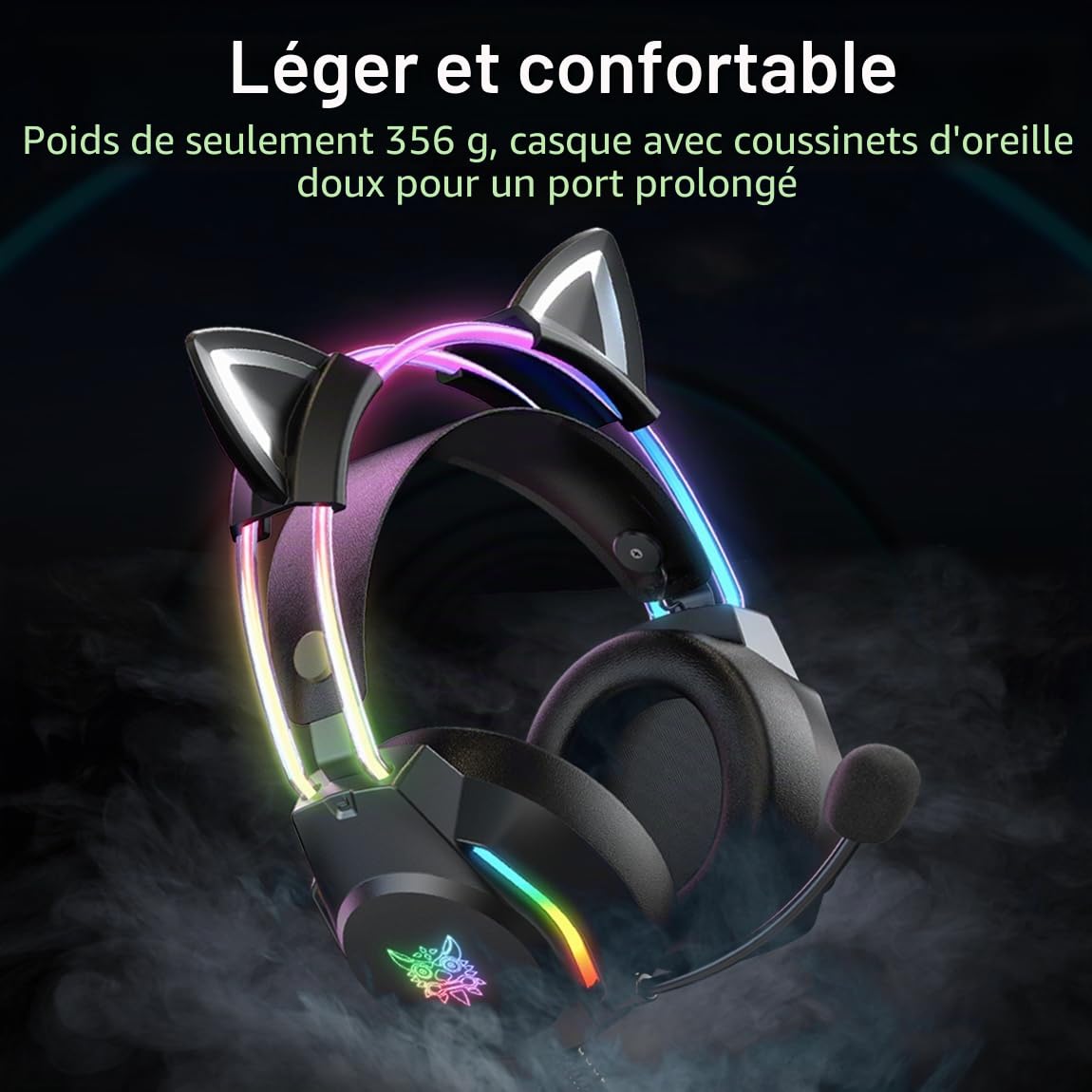 Casque de Jeu avec Oreilles de Chat, rétroéclairage RVB pour PC/PS4/PS5/XBOX/Switch avec Micro antibruit - Son Surround virtuel 7.1, Design léger et Bandeau à réglage Automatique, Noir