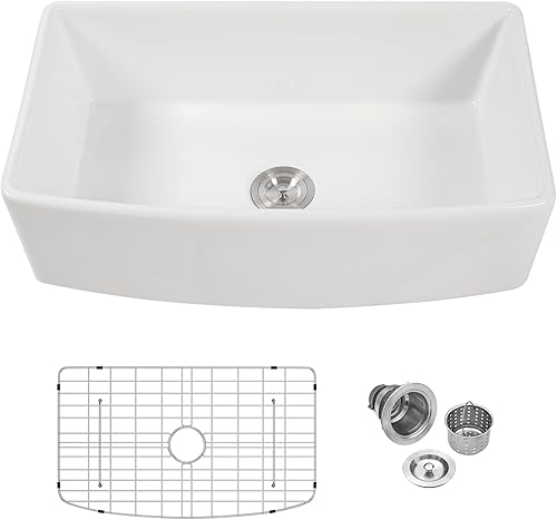 LOF-LWFS1818 - Fregadero de cocina redondo de cerámica de 18 x 18 pulgadas, redondo de cerámica de arcilla refractaria, fregadero de barra profunda