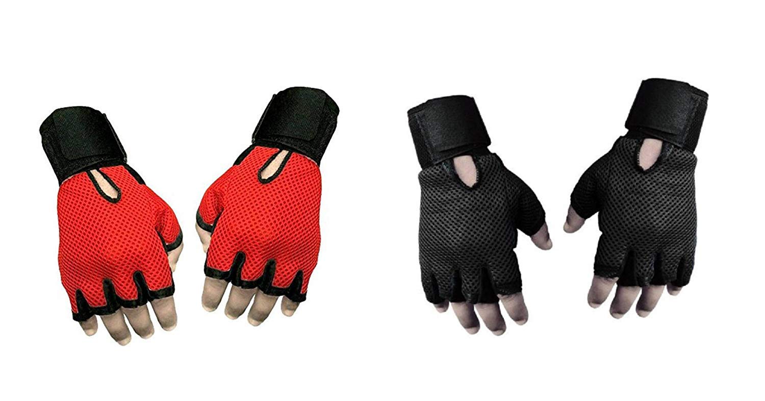ALLIEDSALES SG-35 M Set of 2 Red and Black Netted Gym and Fitness Gloves Combo with Wrist Support-image-44
