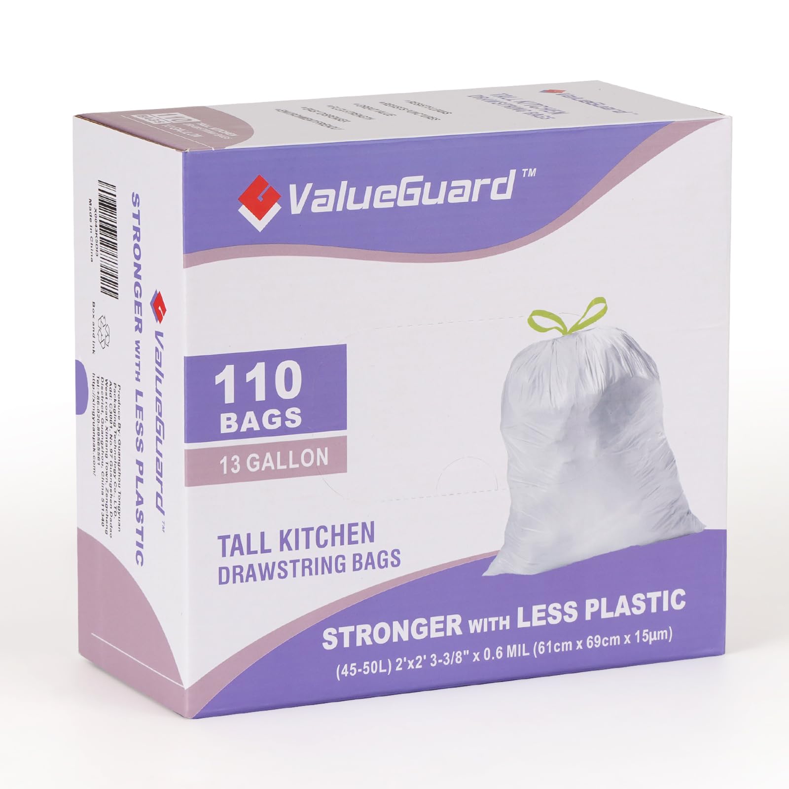 ValueGuard Trash Bags Garbage Bag 13 Gallon Drawstring Tall Waste Bag for Kitchen Office Party 0.6 Mil (110 Count)