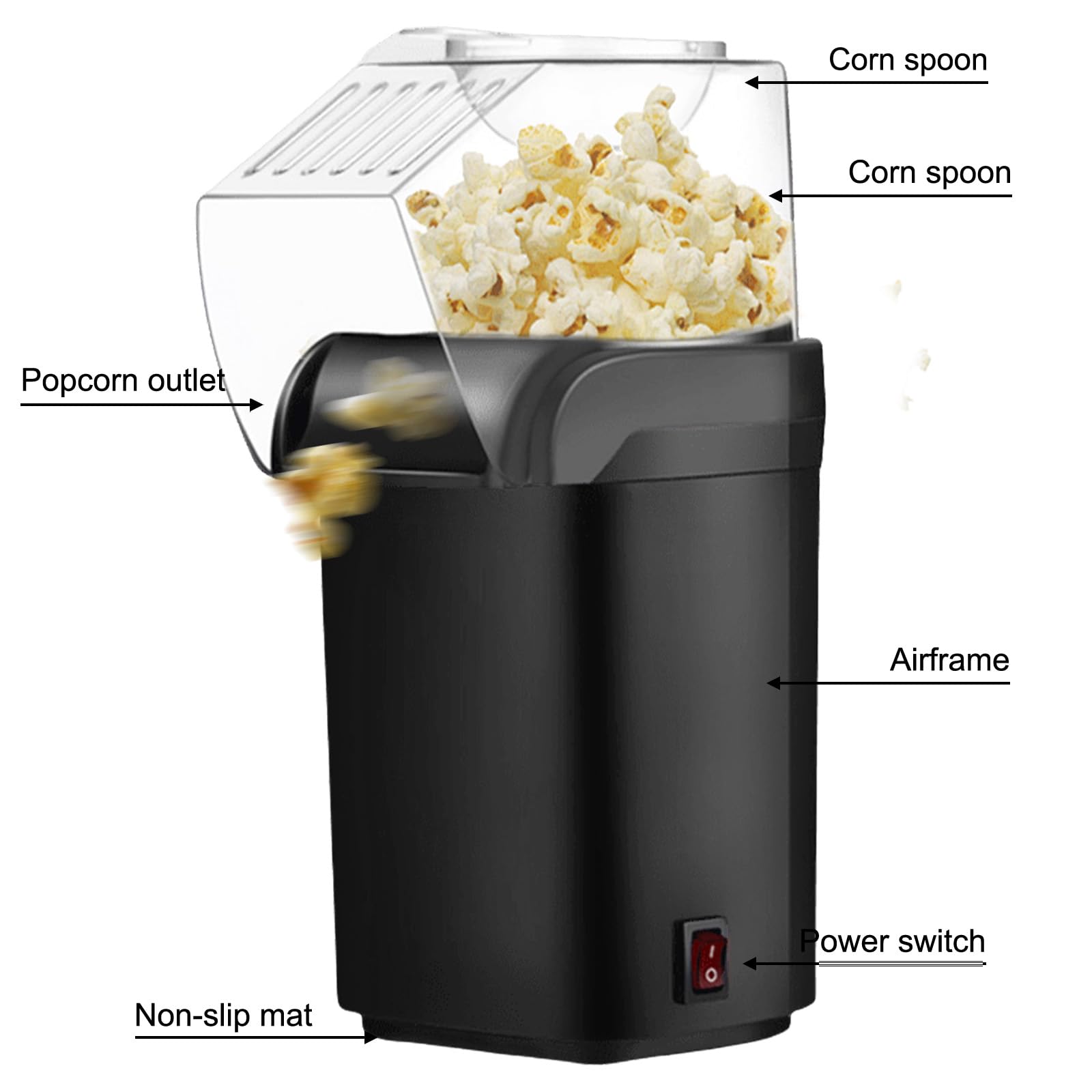Popcornmaschine 1200w, Heißluft-Popcornmaschine Mit Messbecher Für Zuhause, Schnelles Popcorn in 2 Minuten, Gesund& ölfrei,Fettfrei, Perfekt Für Heimkino, Filmabende, Partys (Schwarz)