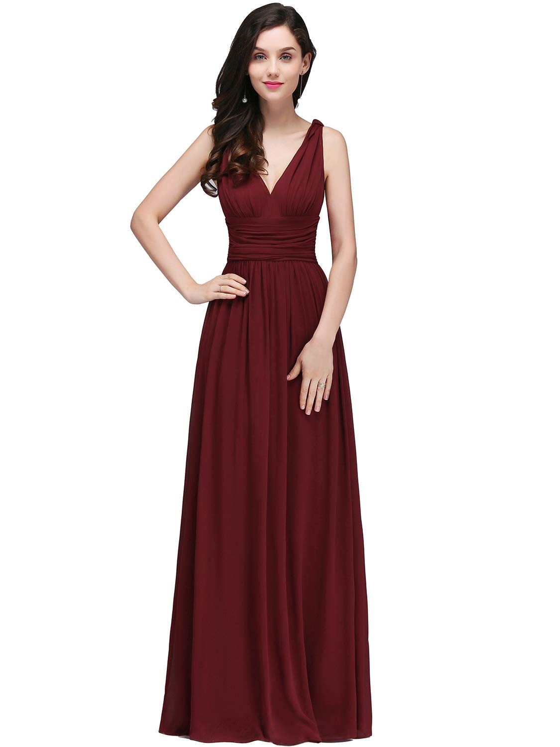 BABYONLINE D.R.E.S.S.Double V Neck Elegant Long Bridesmaid Dress Chiffon Wedding Evening Dress