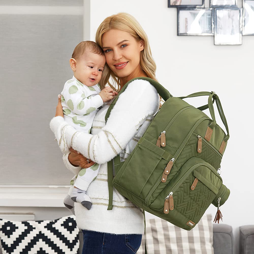 Diaper Bag Backpack, iniuniu Large Unisex Baby Bags for Boys Girls, Waterproof Travel Back Pack with Diaper Pouch, Washable Changing Pad, Pacifier Case and Stroller Straps (Army Green)