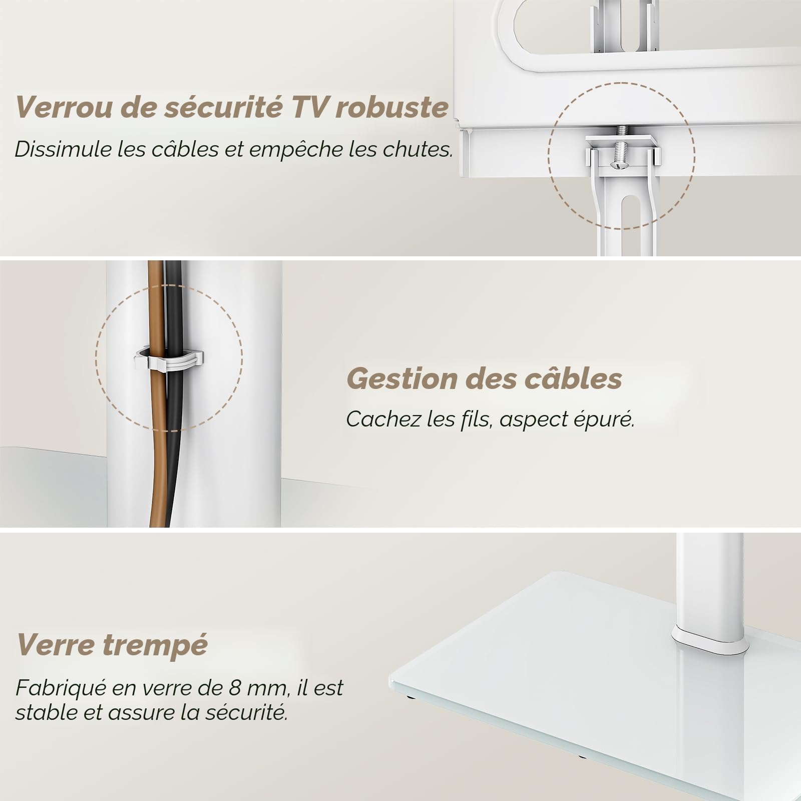 Support TV Universel au Sol avec Support pivotant à 70 degrés, Hauteur réglable à 9 Niveaux et Design Peu encombrant pour la Plupart des téléviseurs LCD LED OLED de 27 à 65 Pouces, Blanc