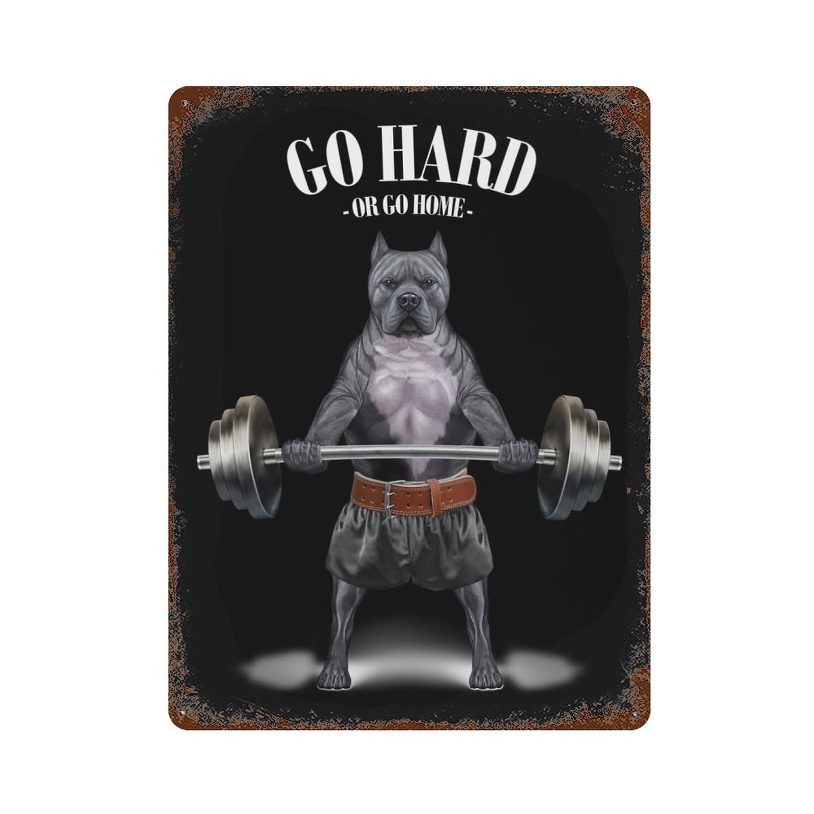 Vintage Rust Metal Sign with Pit Bull Dog Weightlifting Design 15.7"x11.8", for Garage, Bar And Workshop Decor, Retro Wall Decor