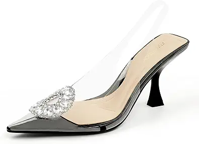 JENN ARDOR Clear Heels for Women Slingback Pointed Closed Toe Heels with Rhinestones 3 inch Comfortable Stiletto Sandals Pumps Wedding Party Dress Shoes
