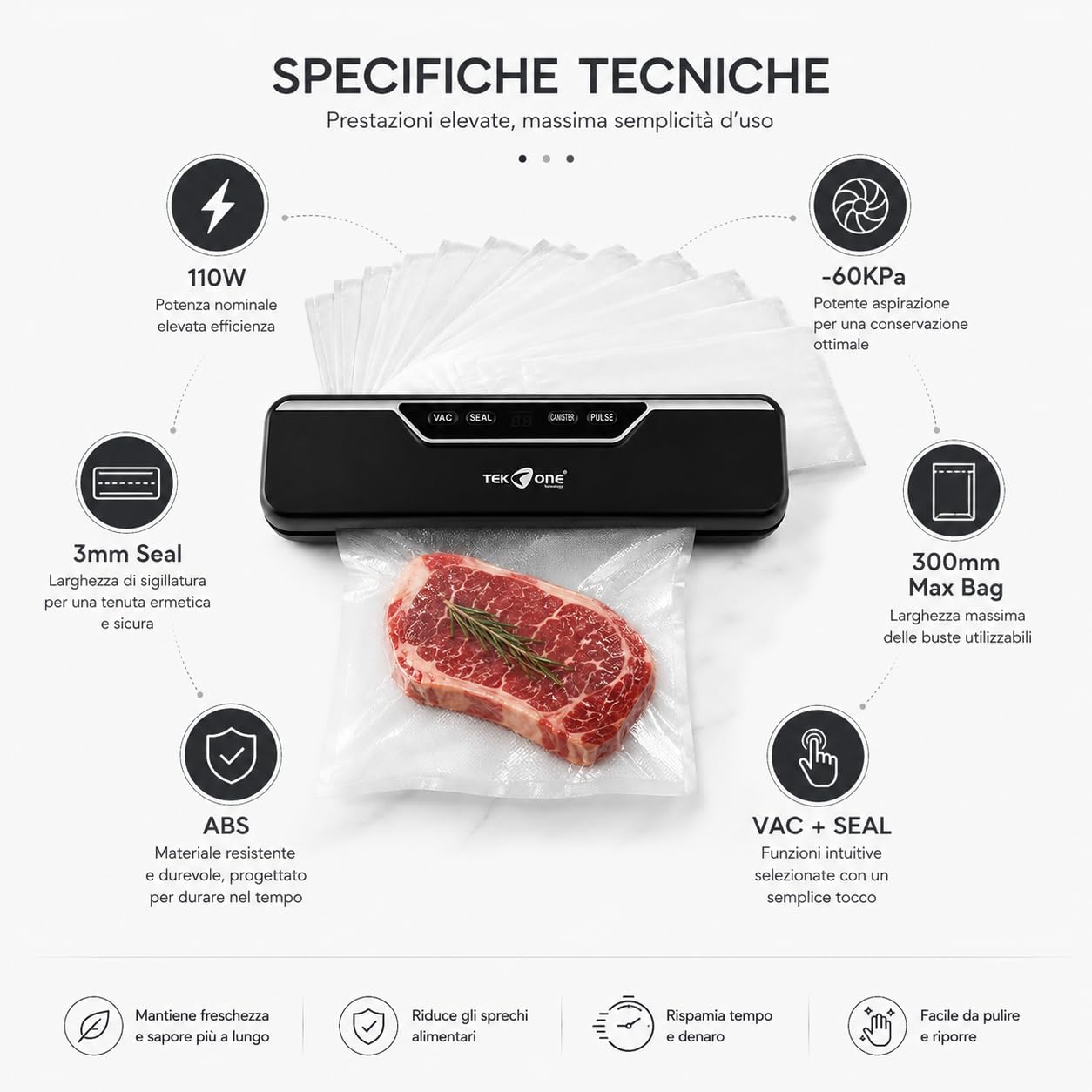Macchina Sottovuoto Automatica 110W con 10 Sacchetti Inclusi | Sigillatrice Alimenti Compatta VAC/SEAL | Aspirazione -60KPa | Barra Saldante 30 cm | Display Touch Nero