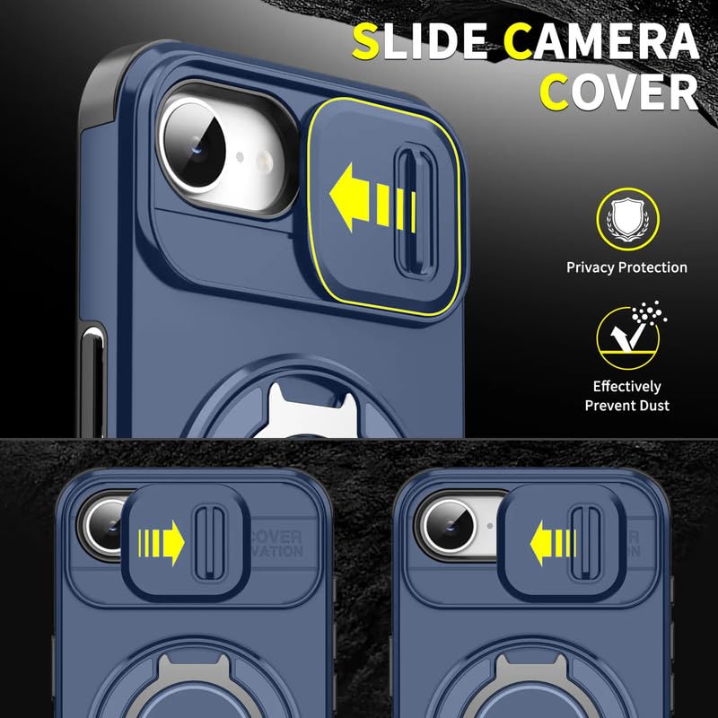 Image of LuxuryKase Shockproof Rugged Case for iPhone 16e | iPhone 17e | Slide Camera Cover | 360 Rotating Ring Kickstand | Military-Grade Protection - Navy Blue