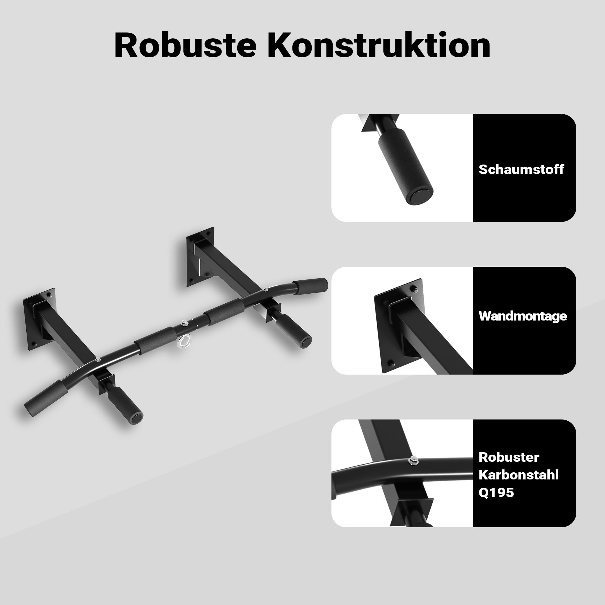 Klimmzugstange zur Wandmontage bis 200 kg, Klimmzug Stange aus Stahl mit gepolsterten Griffen, Fitness Zubehör Pull Up Bar für Training zu Hause, Trainingsstange für verschiedene Sportübungen