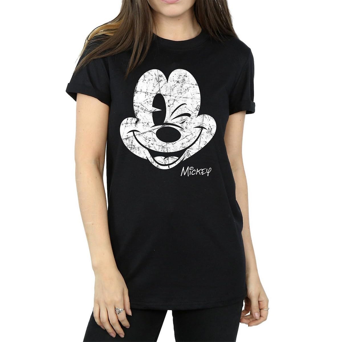 Disney Women's Black Mickey Mouse Distressed Face Boyfriend Fit T-Shirt Medium
