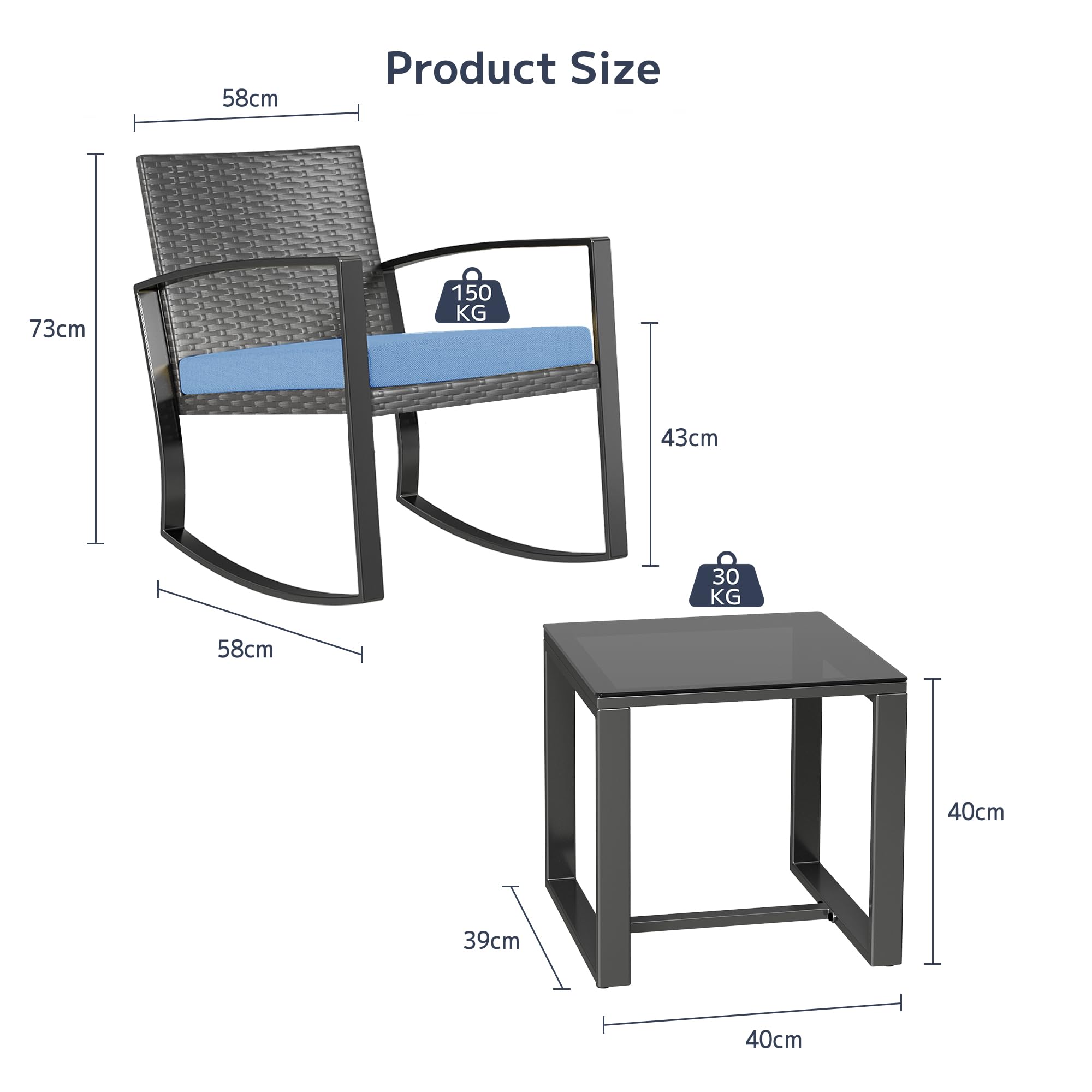 Set di Mobili da Balcone,Set Tavolino e Sedie da Giardino,Set di Mobili da Giardino in Rattan,2 Sedie da Esterno e 1 Tavolino,per Giardino Cortile Piscina (Blu)