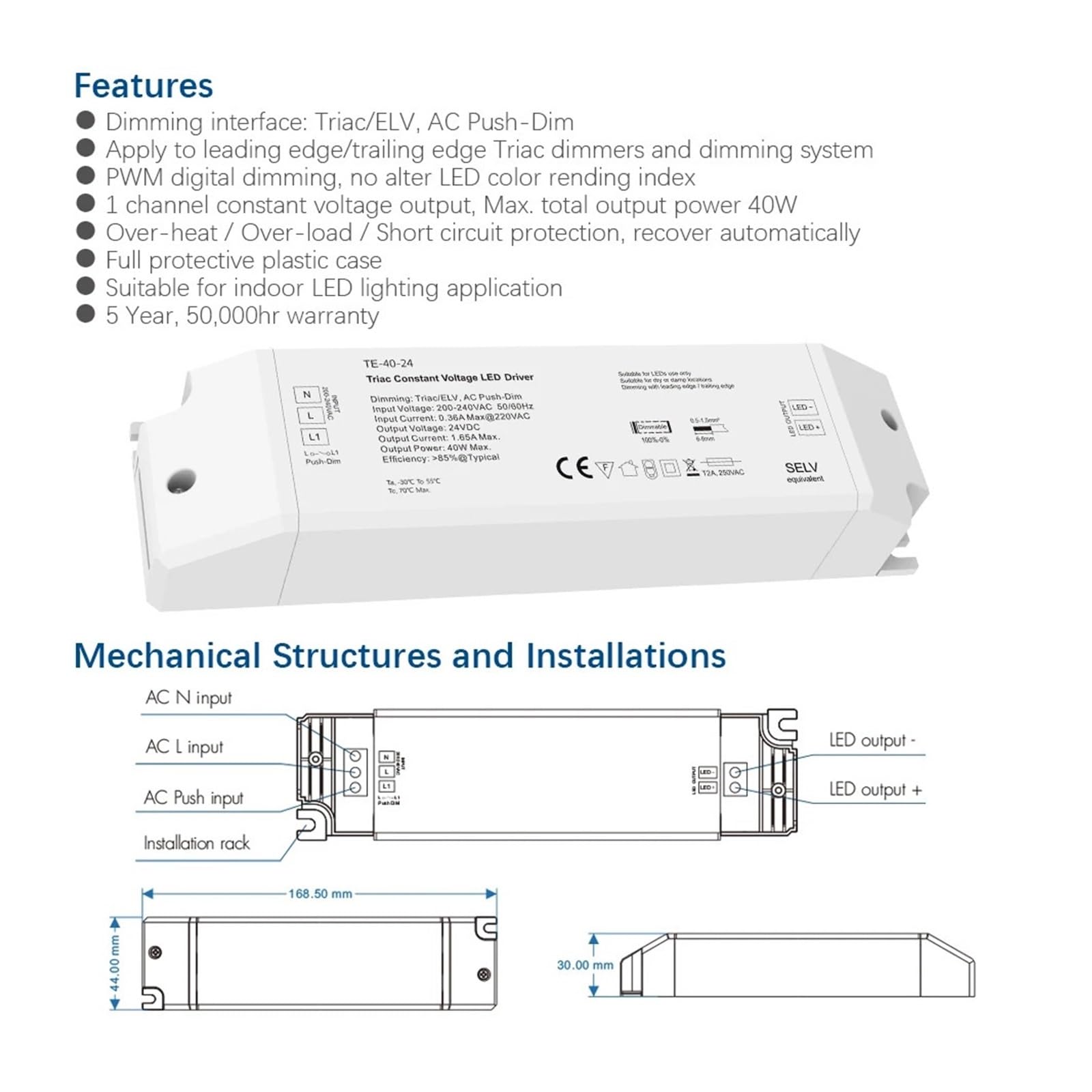 Driver LED Triac tensione costante regolabile 1 canale 40 W AC 220 V a DC 12 V 24 V PWM Regolatore triac di attenuazione digitale 12 V adatto per strisce luminose a LED (TE-40-24)