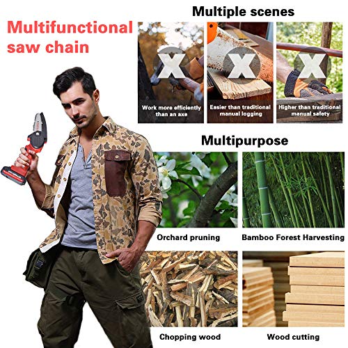 Mini Chainsaw with 2 Batteries and 4 Saw Chains, Handheld Cordless Chainsaw for Tree Branch Wood Cutting Red Battery Chainsaw
