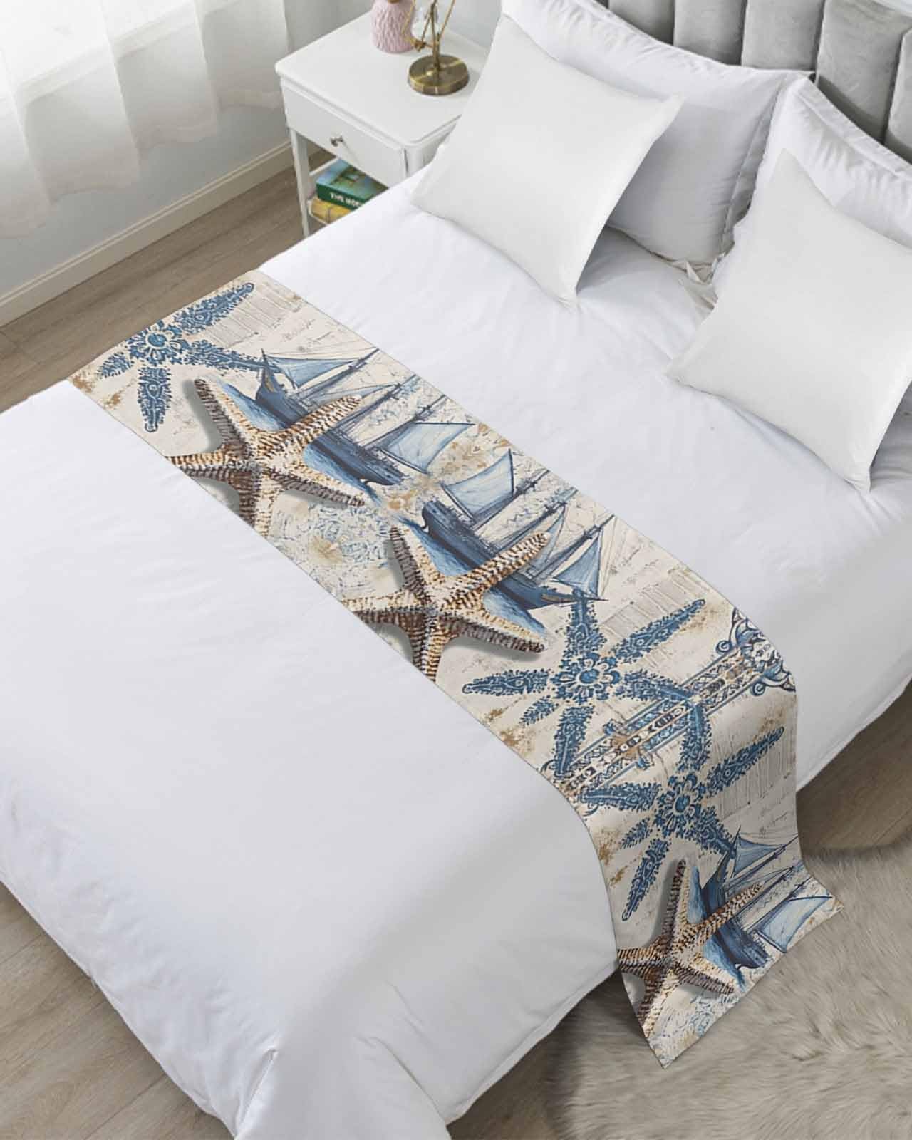 DecorLovee Vintage Nautical Bed Runners for King Size Bed, Decorative Bed Throws for Foot of Bed, Summer Coastal Floral Starfish Bed Runner Sofa Throw Bedding Scarf Protector Slipcover for Bedroom