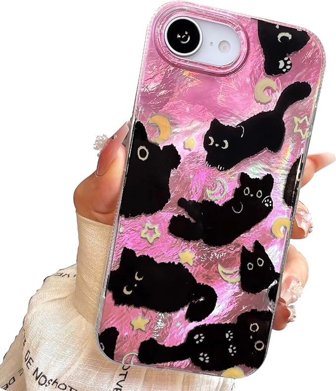 buccilly Compact Case for iPhone 16e Black cat-Pink Design,Cute Trendy Soft Slim TPU Shockproof Protective Bumper Phone Cases Cover for Women Girls