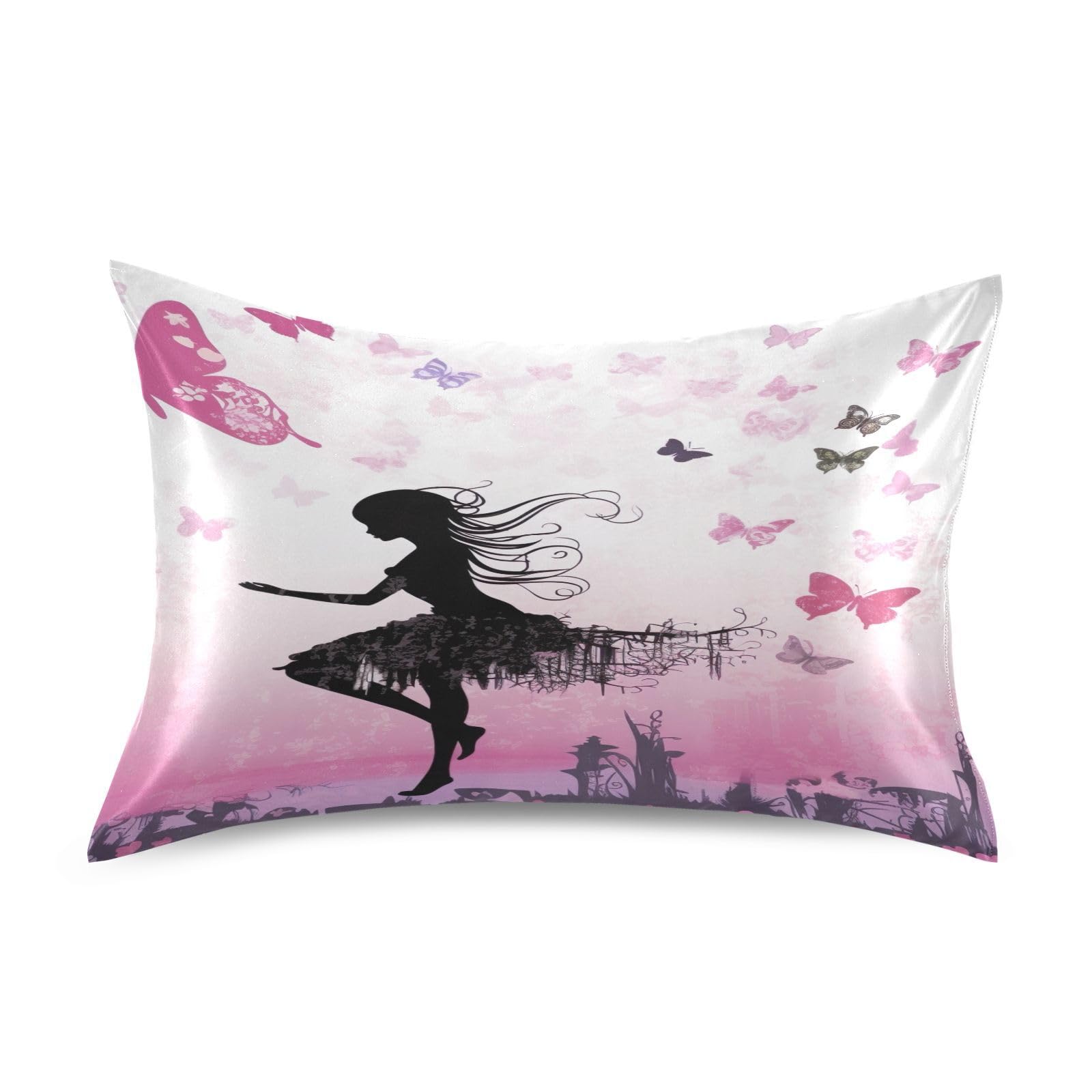 FLildon Satin Pillowcase Butterfly Girl Pillow Cases Soft Silky for Hair and Skin with Envelope Closure, Standard Size, 1 Pack