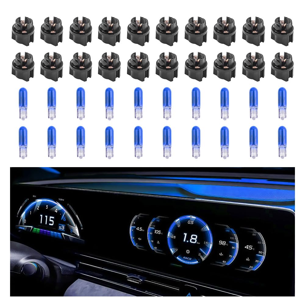 20PCS T5 17 57 79 86 Halogen Instrument Cluster Bulbs with 20PCS Bulb Sockets,12V Dash Light Bulbs for Speedometer,Tachometer,Gauge Cluster,Universal Car Dashboard Light Bulbs (Blue)