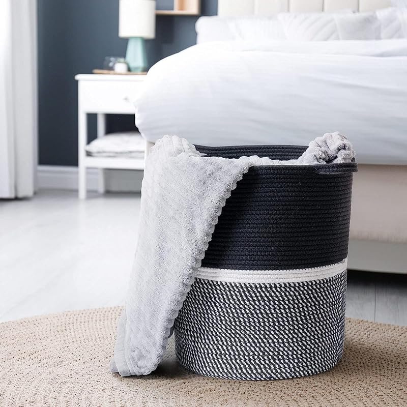 Image of Large Basket Natural Cotton Rope Storage Basket and Hamper for Cloths and Multi Usage in Living Room, Bedroom, Laundry Room (Size - 15 inch x 15 inch x 18 inch) (Black Mix)