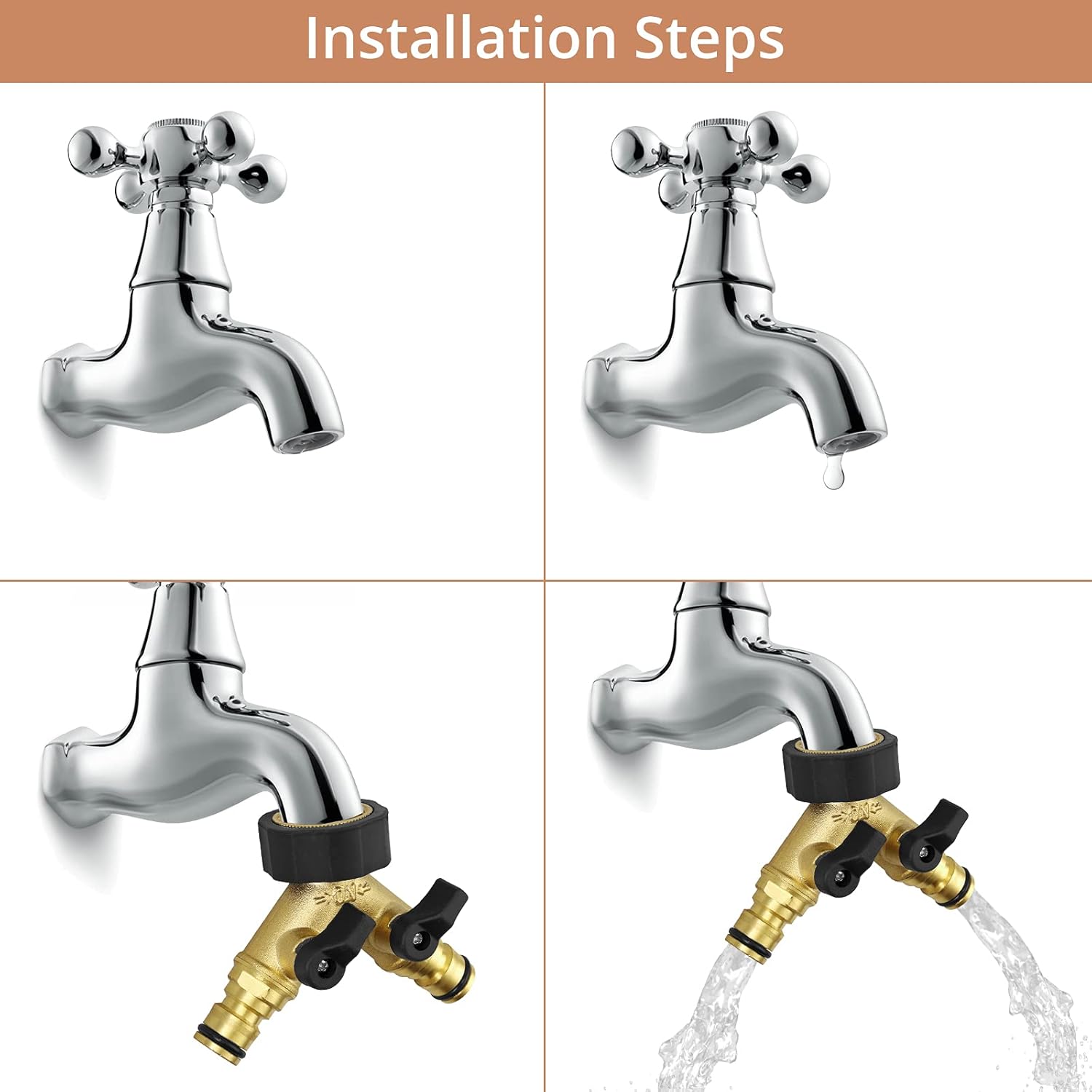 Kamtop 2 Way Brass Tap，Hose Connectors double hose connector Outdoor Tap 3/4‘’ Brass Connector