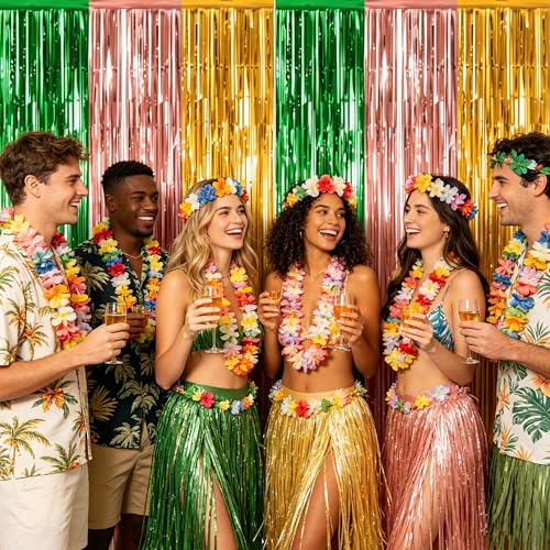 Luau Party Decorations- 2 Pack Luau Backdrop Green Gold Brown Foil Curtains - image 5