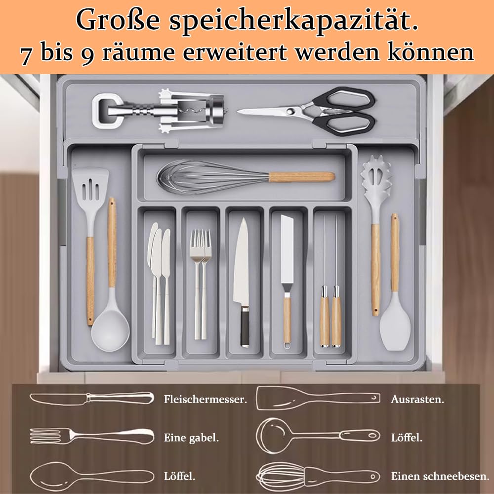 Erweiterbarer Besteckkasten für Schubladen, Schubladen Organizer, Besteckkasten für Schubladen, Verstellbarer Schubladeneinsatz Besteckeinsatz, Küchen Organizer, für Löffel/Gabeln (Grau)