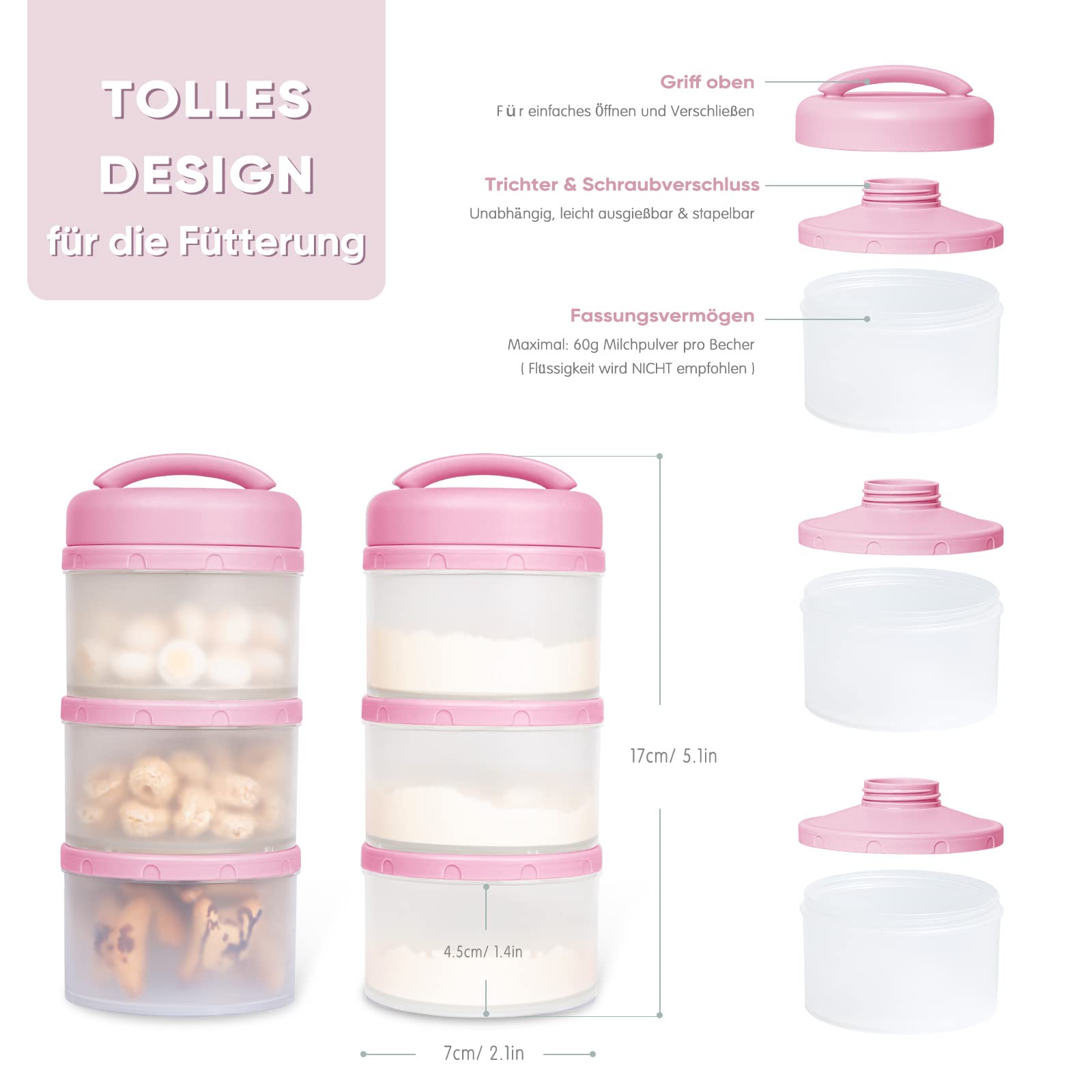 Termichy Porzionatore per Latte in Polvere, impilabile portatile contenitore di latte in polvere per neonati, 2 pezzi (baby rosa)