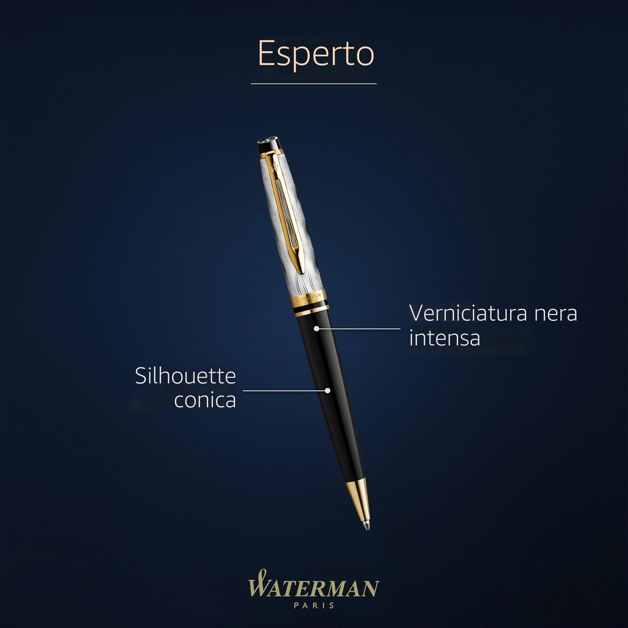 Waterman Expert penna a sfera | laccatura nera e metallo con puntale dorato e cappuccio cesellato | punta media | confezione regalo