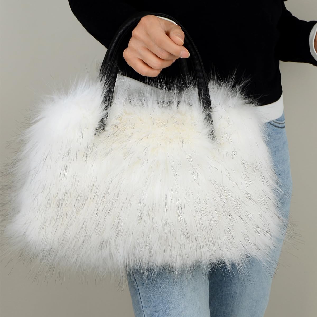 Bolso de mano peludo para mujer, de piel sintética, grande, bonito y suave