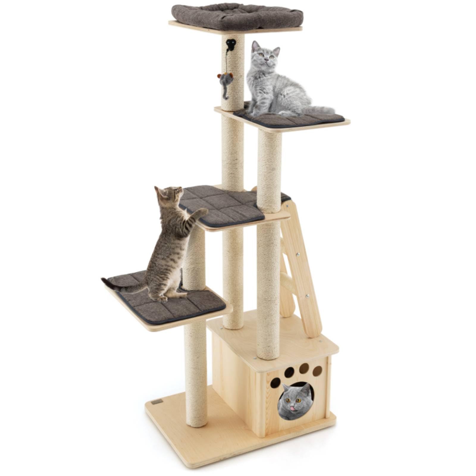 Maxmass Cat Tree, 170cm Tall Kitten Scratching Post with Condo, Platform, Perch, Ladder, Washable Cushions & Toy Balls, Indoor Wooden Kitty Tower for Climbing, Playing, Sleeping