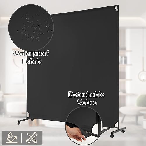 Miniatura 4 de Spurgehom Divisor de sala rodante de un solo panel de 6 pies, pantallas de privacidad de partición con ruedas, panel de habitación de tela Negro