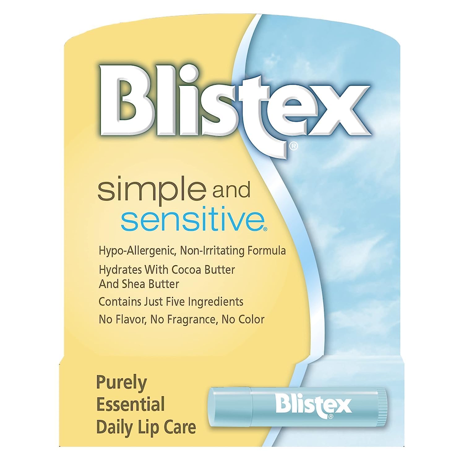 Blistex Simple and Sensitive Lip Moisturizer, Hypo-Allergenic with Cocoa & Shea Butter, No Flavor or Fragrance, 0.15 oz (Pack of 12)