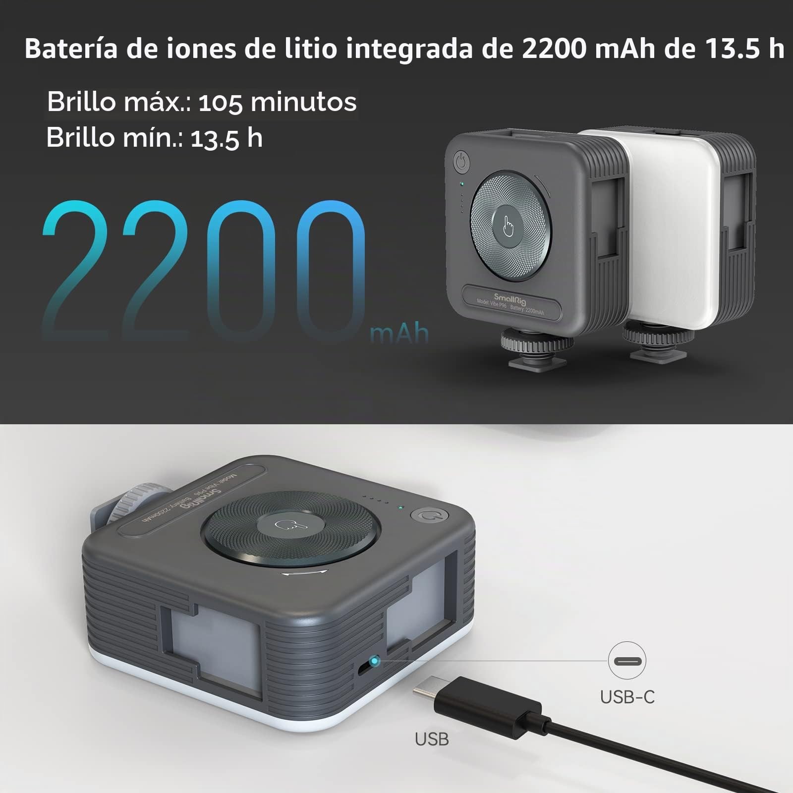 SMALLRIG P96 Luz de Video LED, Luces LED Portátiles para Cámaras, 96 Perlas LED para Iluminación de Video y Fotografía, Panel Recargable 2200mAh CRI95+ 2700-6500K - 3286B (Paquete de 2)