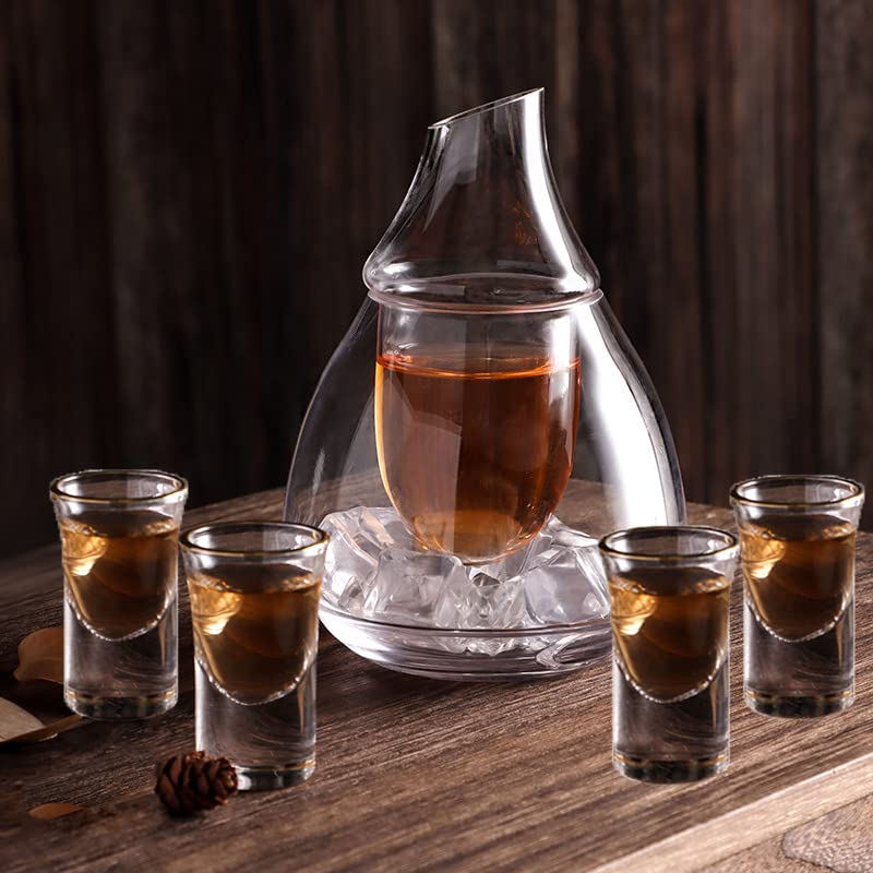 Old Craftsmen's Glasses Sake Set, Japanese Sake Carafe Cup (4 oz) with 4 Saki Cups (0.67 oz) and 1 Bowl (5 oz) for Warmer or Sake, Sake Pot Dispenser, Sake Cups Decanter