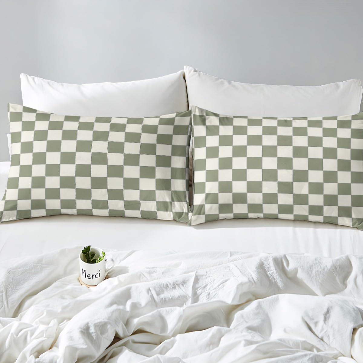 Plaid Comforter Cover Single Beige Sage Green Checkerboard Duvet Cover Geometric Checkered Bedding Set for Kids Boys Girls Aesthetic Grid Quilt Cover Modern Room Decor 2 Pcs - Image 4