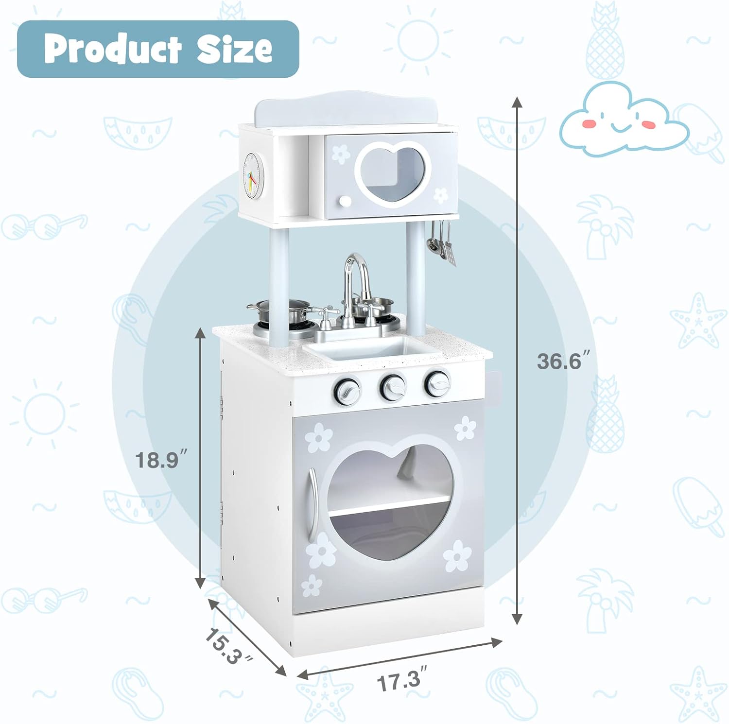 Diagram showing the dimensions of the INFANS 2-in-1 Kids Play Kitchen: 15.3 inches deep, 17.3 inches wide, and 36.6 inches tall.