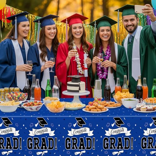Image of QZYL 2 PCS Graduation Decorations 2026, 108 inch X 54 inch Blue Graduation Tablecloth, Disposable Plastic Class of 2026 Tablecover, Rectangle Congrats Grad Table Cover for Grad Decor Party Supplies for Kids