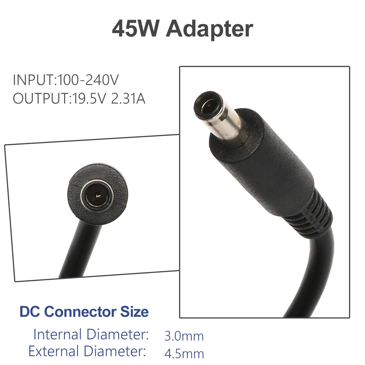 45W AC Charger for Dell XPS 12 9Q23 9Q33 XPS 13 L321X L322X 9333 9343 9350 Inspiron 11/13/14/15/17 3000 5000 7000 Series(3583 3593 5570) Latitude E5450 XPS 13-45 Watt AC 2-in-1 Power Adapter Cord