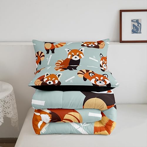 Miniatura 6 de Juego de edredón de panda rojo, tamaño matrimonial, juego de ropa de cama con bonito estampado de animales para niños y niñas, juego de edredón con